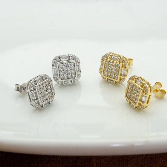 Gold CZ Stud Earrings, 14k Gold Plated 10mm Icy Bling Square CZ Studs - Picture 5 of 9